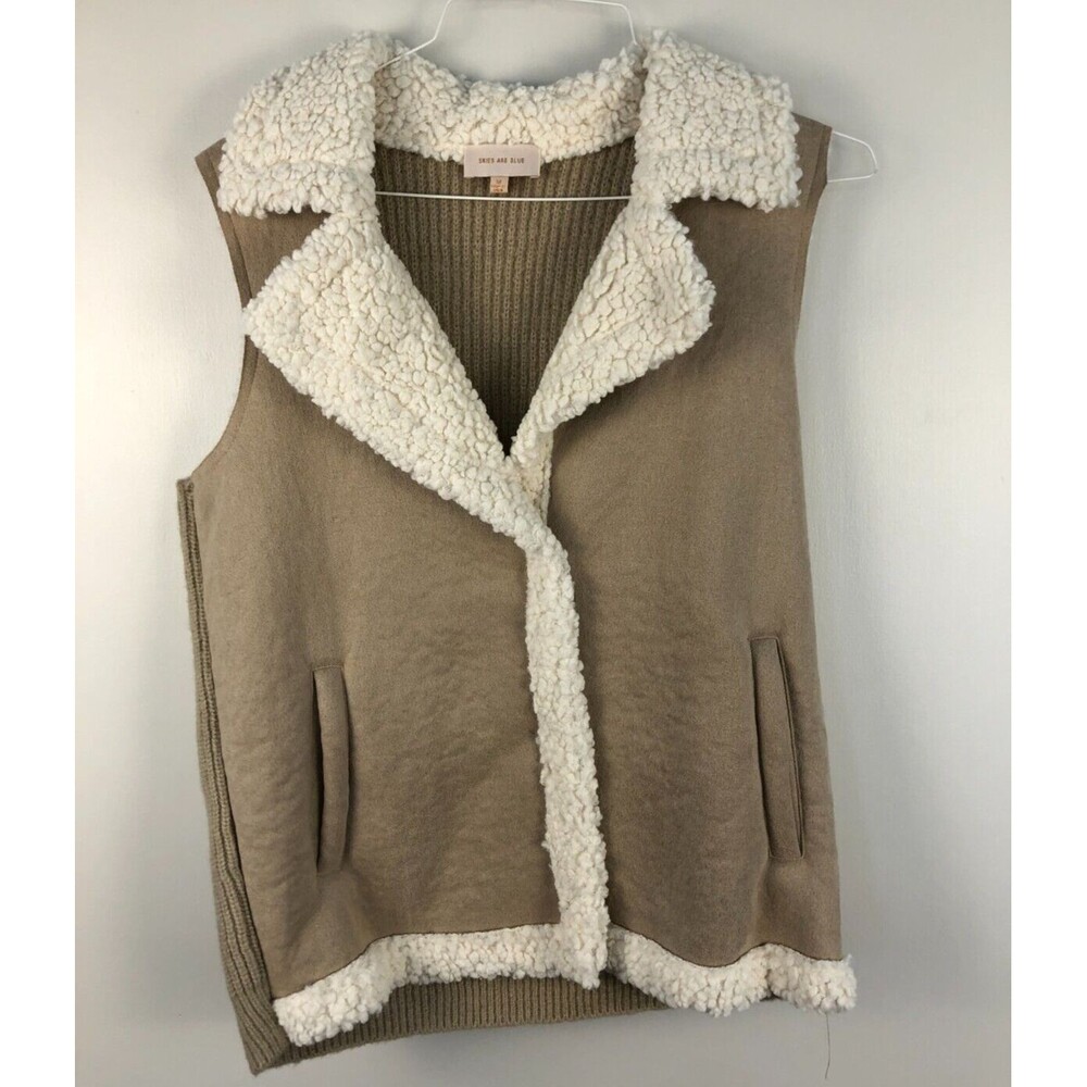 Skies Are Blue Faux Suede Sherpa Cardigan Vest Beige Brown Snap Women's M
